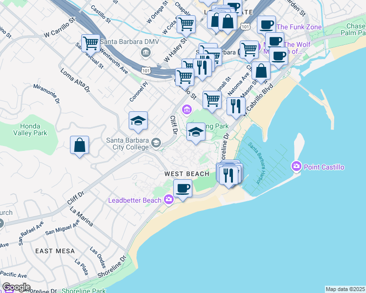 map of restaurants, bars, coffee shops, grocery stores, and more near 743 Cliff Drive in Santa Barbara