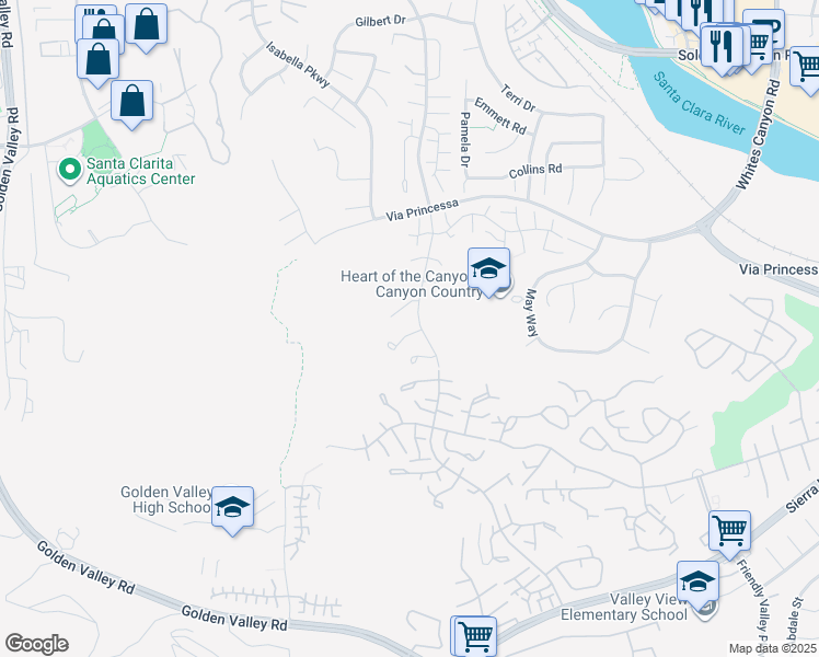 map of restaurants, bars, coffee shops, grocery stores, and more near 20009 Tanager Court in Santa Clarita