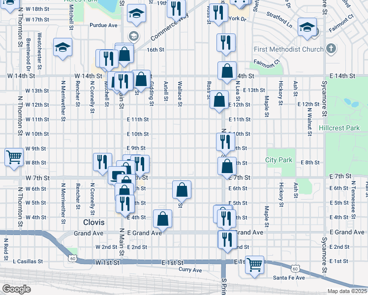 map of restaurants, bars, coffee shops, grocery stores, and more near 504 East 9th Street in Clovis