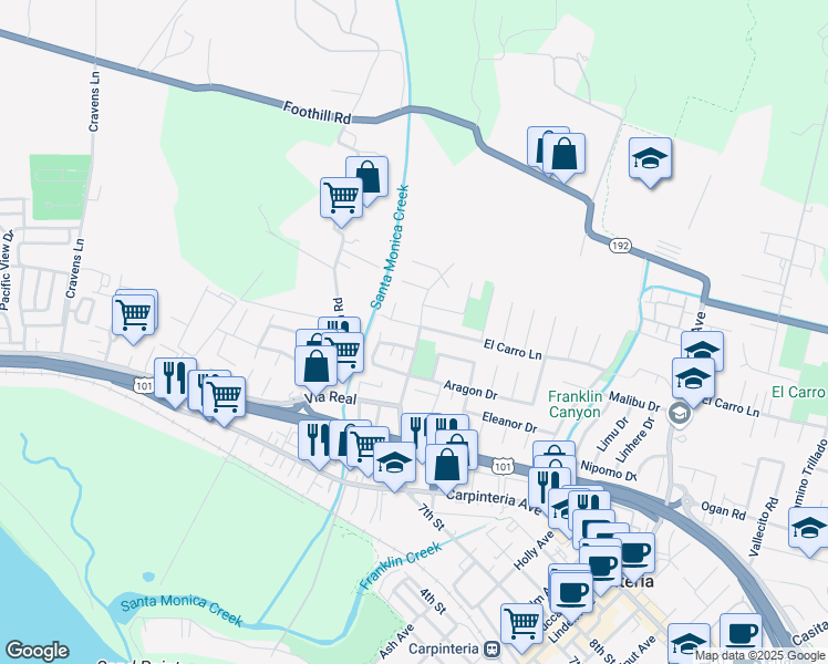 map of restaurants, bars, coffee shops, grocery stores, and more near 4495 El Carro Lane in Carpinteria