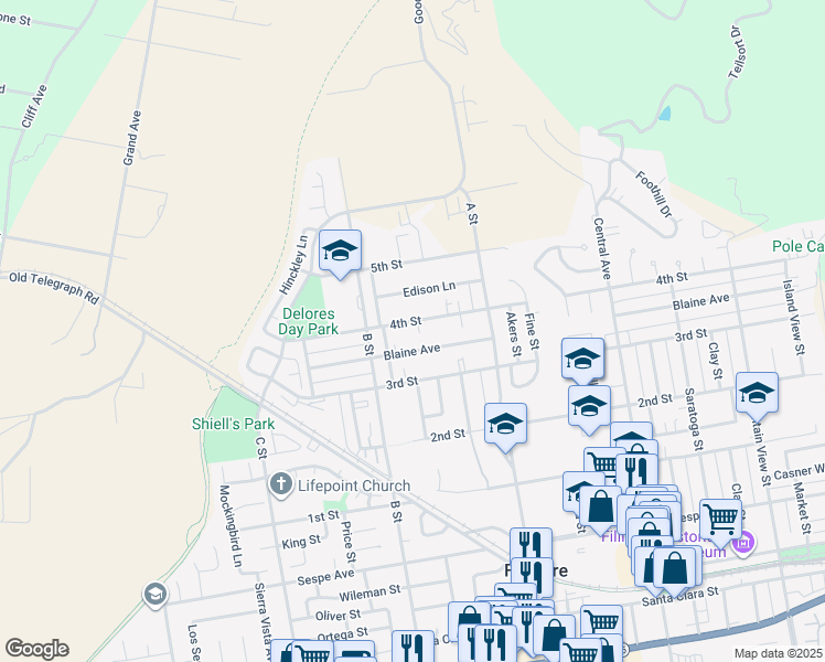 map of restaurants, bars, coffee shops, grocery stores, and more near 814 4th St in Fillmore