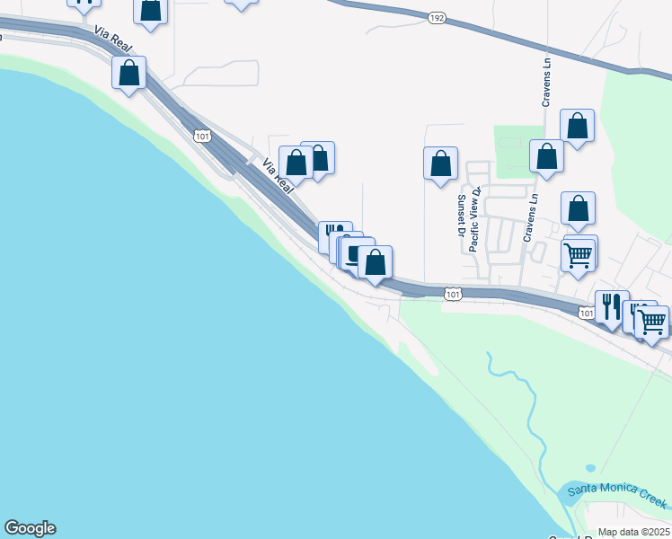 map of restaurants, bars, coffee shops, grocery stores, and more near 3765 Santa Claus Lane in Carpinteria