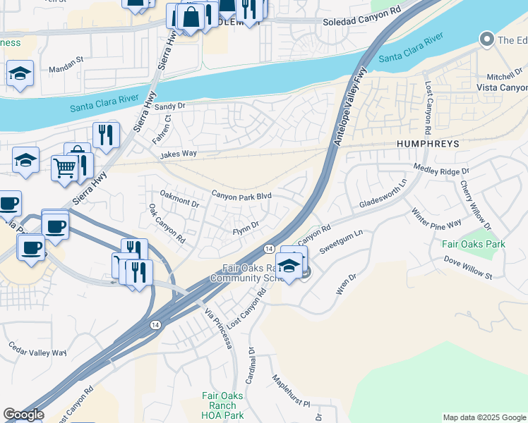 map of restaurants, bars, coffee shops, grocery stores, and more near 18007 Flynn Drive in Los Angeles County
