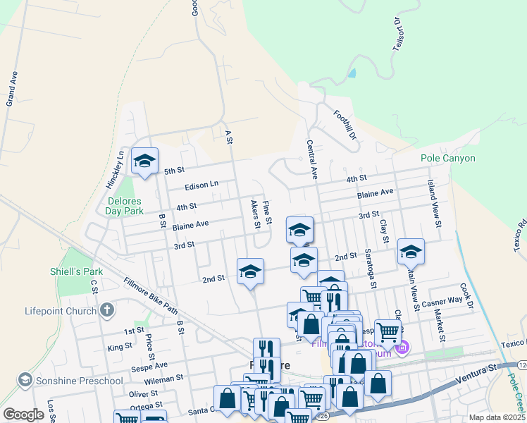 map of restaurants, bars, coffee shops, grocery stores, and more near 735 Fine St in Fillmore