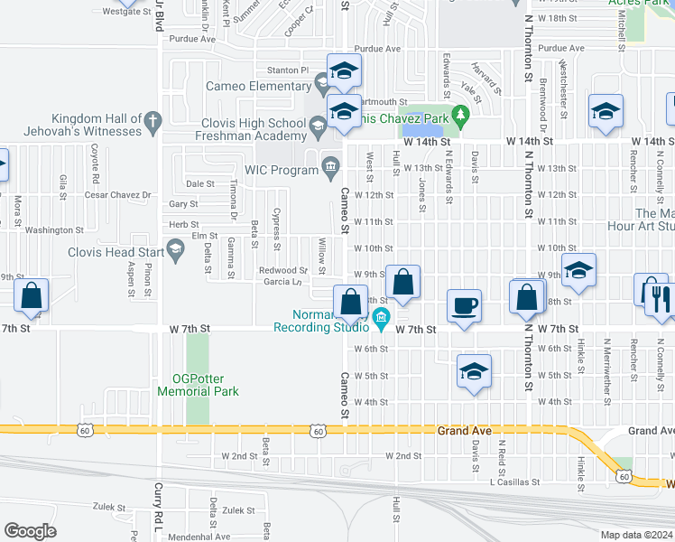 map of restaurants, bars, coffee shops, grocery stores, and more near 901 Willow Street in Clovis