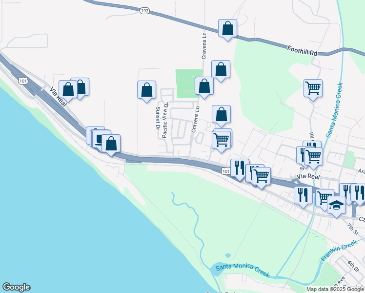 map of restaurants, bars, coffee shops, grocery stores, and more near 3950 Via Real in Carpinteria
