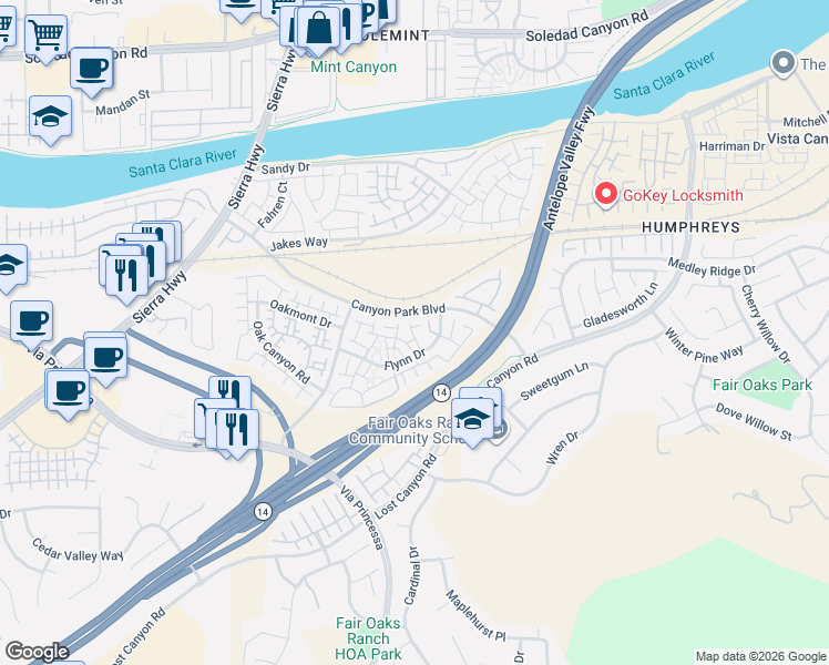 map of restaurants, bars, coffee shops, grocery stores, and more near 18109 Erik Court in Santa Clarita