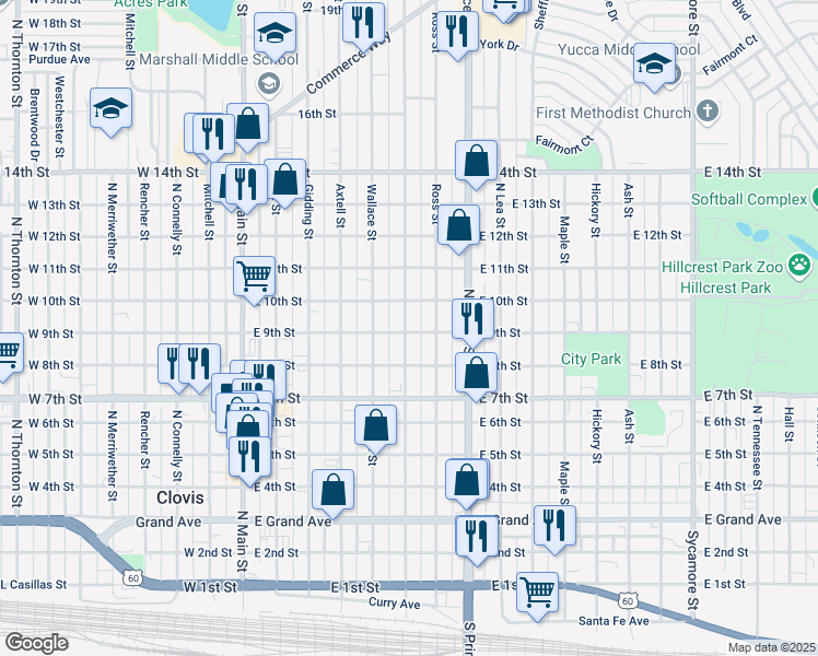 map of restaurants, bars, coffee shops, grocery stores, and more near 612 East 9th Street in Clovis