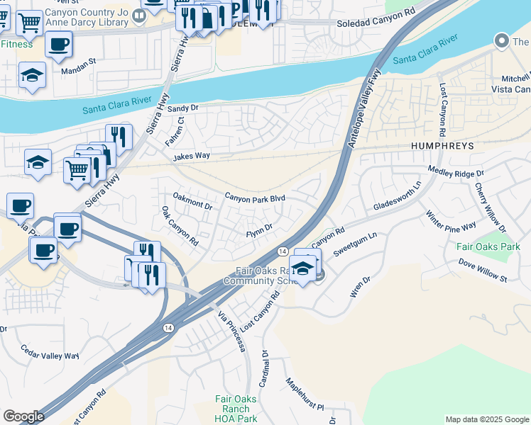 map of restaurants, bars, coffee shops, grocery stores, and more near 18111 Erik Court in Los Angeles County