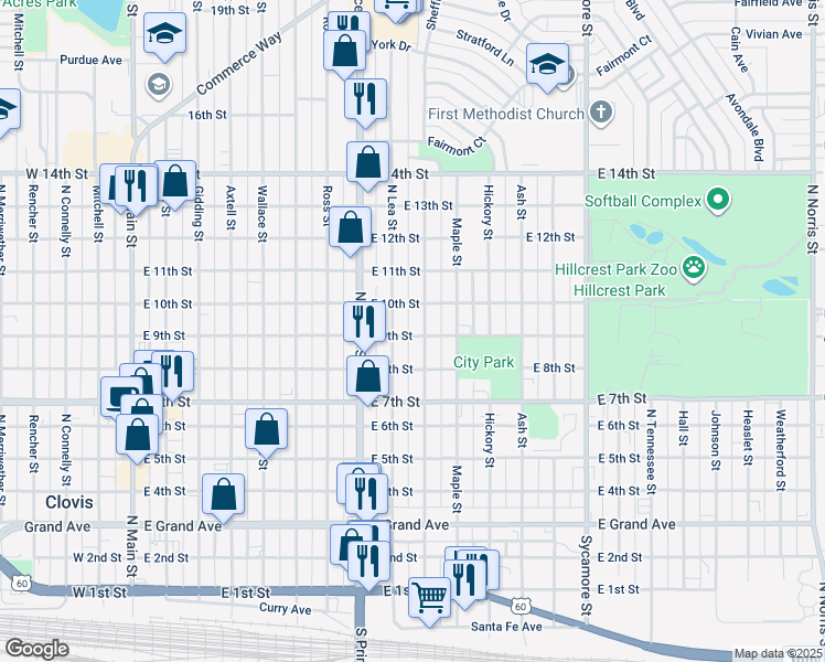 map of restaurants, bars, coffee shops, grocery stores, and more near 918 East 9th Street in Clovis