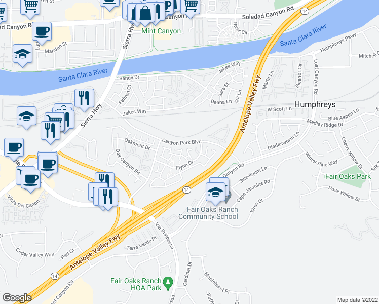 map of restaurants, bars, coffee shops, grocery stores, and more near 18111 Erik Court in Santa Clarita