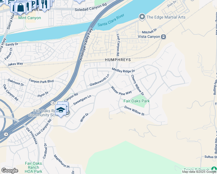 map of restaurants, bars, coffee shops, grocery stores, and more near 17609 Wren Drive in Los Angeles County