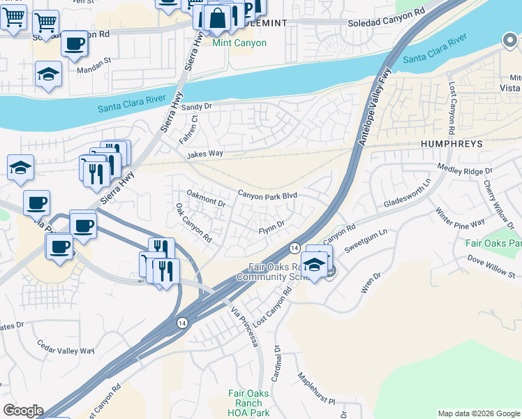 map of restaurants, bars, coffee shops, grocery stores, and more near 18129 Erik Court in Santa Clarita