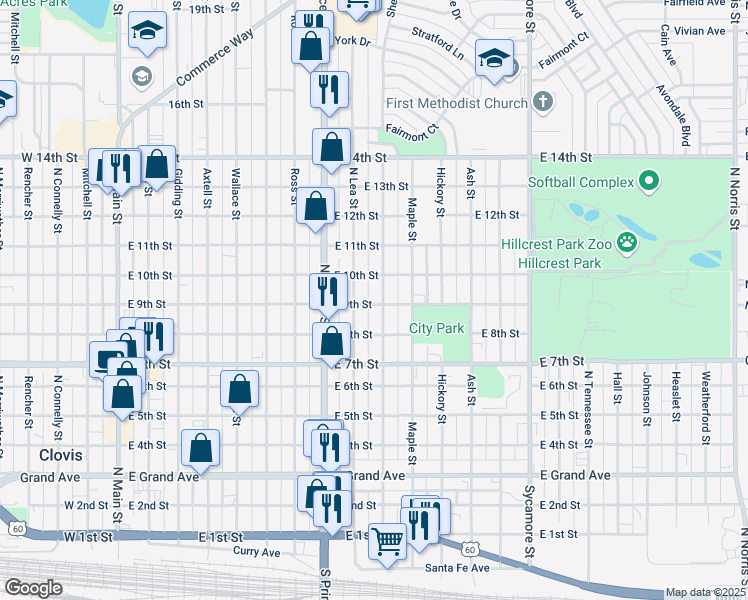 map of restaurants, bars, coffee shops, grocery stores, and more near 902 North Oak Street in Clovis