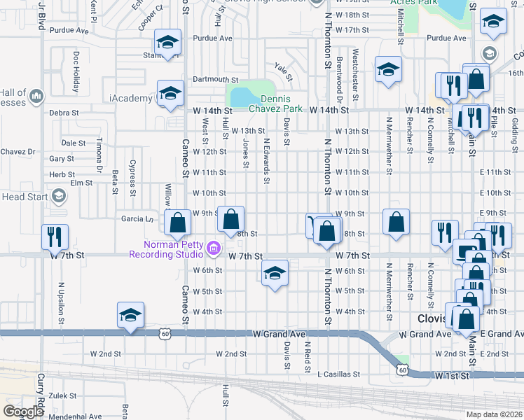 map of restaurants, bars, coffee shops, grocery stores, and more near 900 North Edwards Street in Clovis
