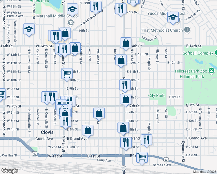 map of restaurants, bars, coffee shops, grocery stores, and more near 901 Sheldon Street in Clovis