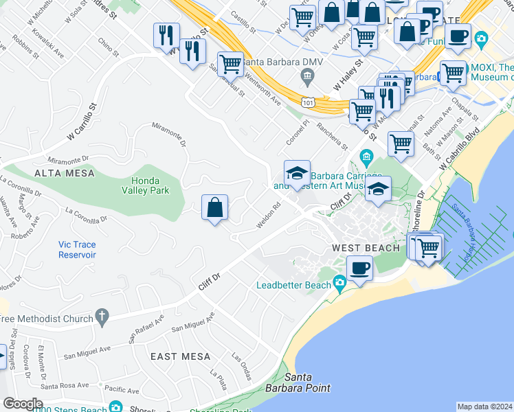 map of restaurants, bars, coffee shops, grocery stores, and more near 420 Miramonte Drive in Santa Barbara