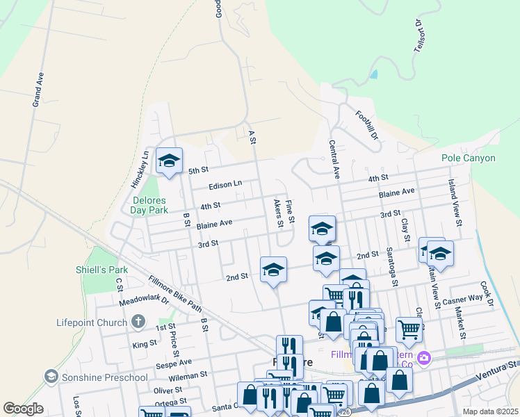 map of restaurants, bars, coffee shops, grocery stores, and more near 745 A Street in Fillmore