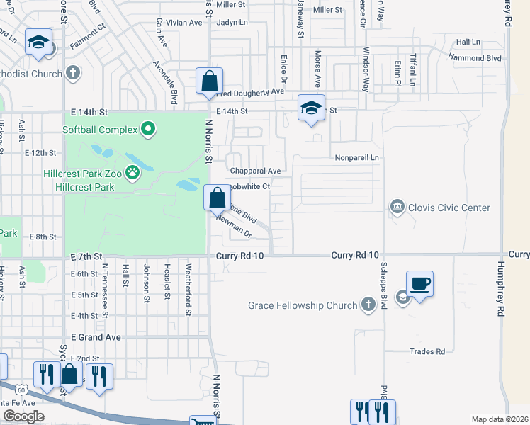 map of restaurants, bars, coffee shops, grocery stores, and more near 2336 Marlene Boulevard in Clovis
