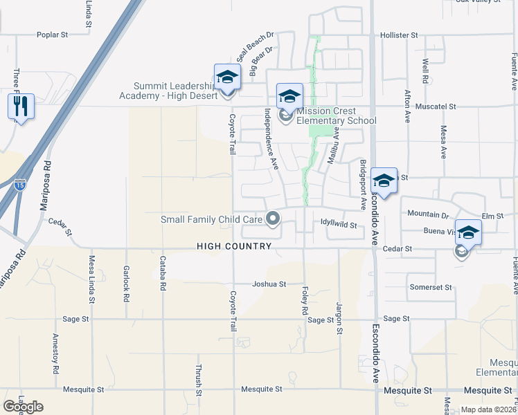map of restaurants, bars, coffee shops, grocery stores, and more near 12962 Newport Street in Hesperia