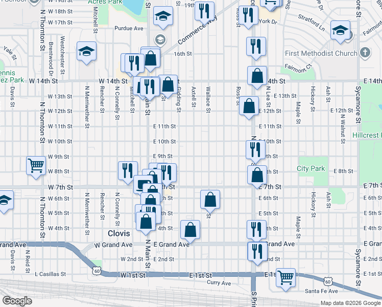 map of restaurants, bars, coffee shops, grocery stores, and more near 901 Axtell Street in Clovis