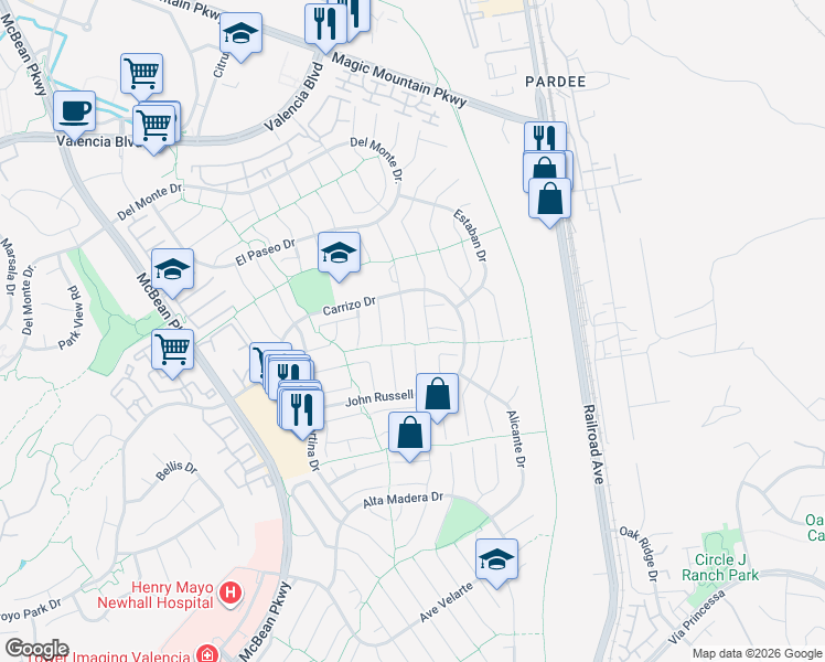 map of restaurants, bars, coffee shops, grocery stores, and more near 25812 Mendoza Drive in Santa Clarita