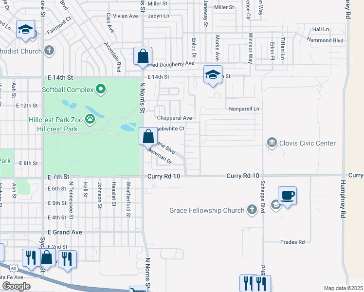 map of restaurants, bars, coffee shops, grocery stores, and more near 2336 Marlene Boulevard in Clovis