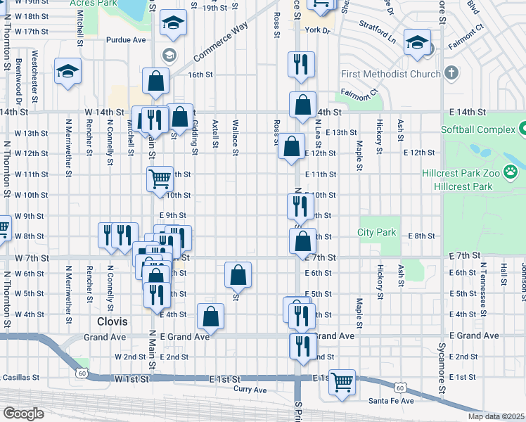 map of restaurants, bars, coffee shops, grocery stores, and more near 901 Sheldon Street in Clovis