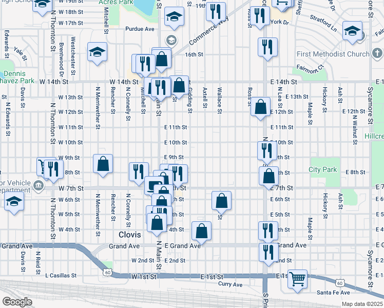 map of restaurants, bars, coffee shops, grocery stores, and more near 220 East 9th Street in Clovis