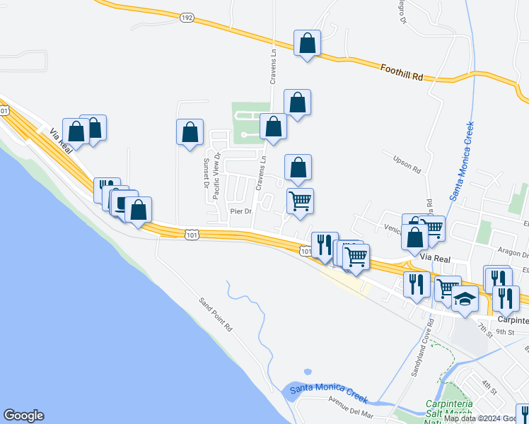 map of restaurants, bars, coffee shops, grocery stores, and more near 1222 Cravens Lane in Carpinteria
