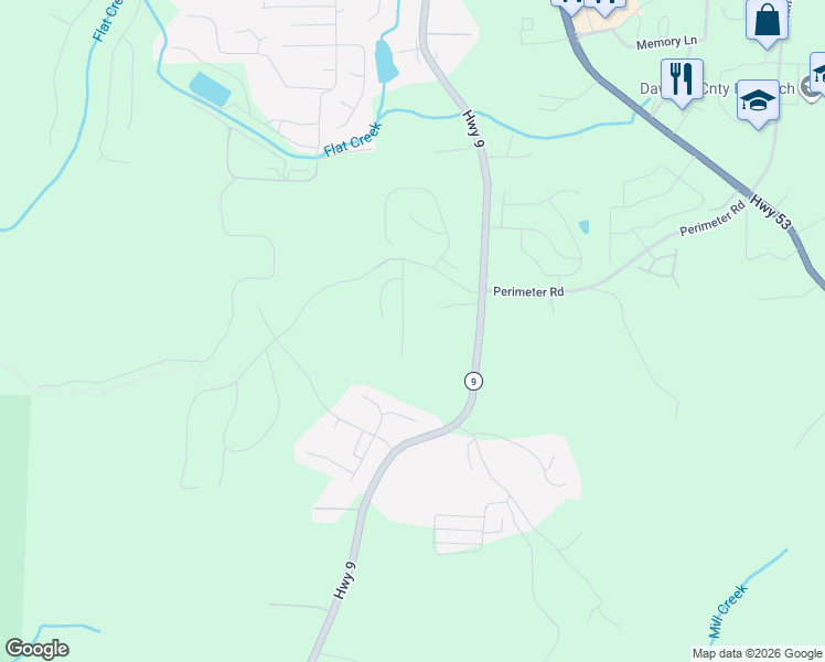 map of restaurants, bars, coffee shops, grocery stores, and more near 153 Nashport Lane in Dawsonville