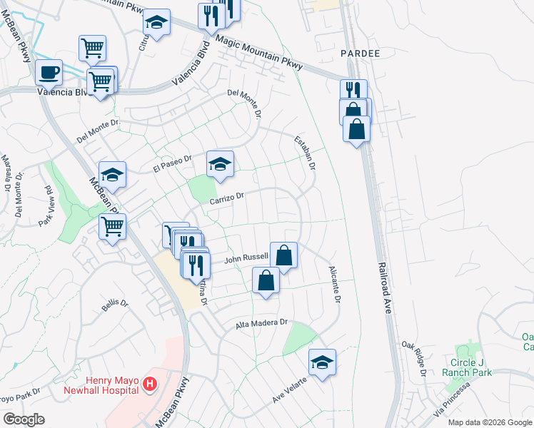 map of restaurants, bars, coffee shops, grocery stores, and more near 25812 Mendoza Drive in Santa Clarita
