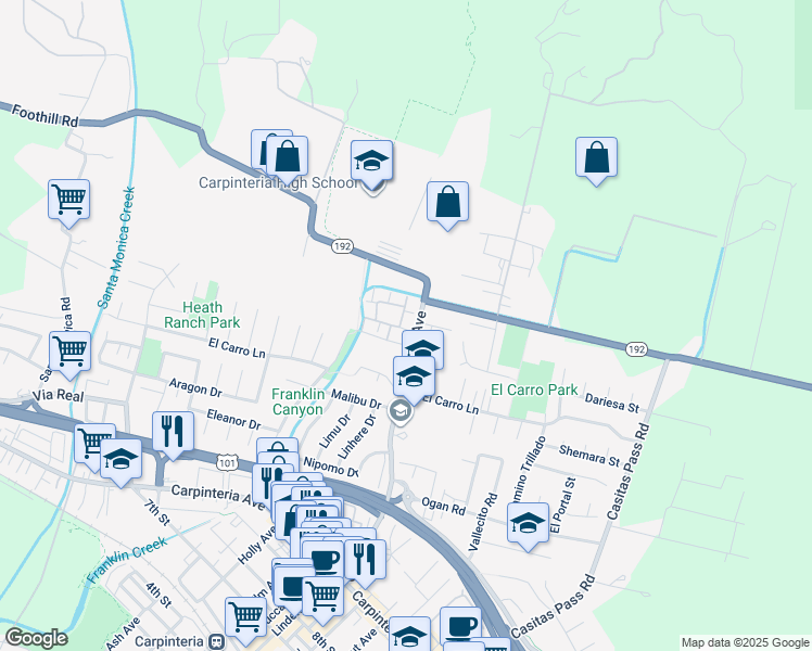map of restaurants, bars, coffee shops, grocery stores, and more near 1515 Meadow Circle in Carpinteria