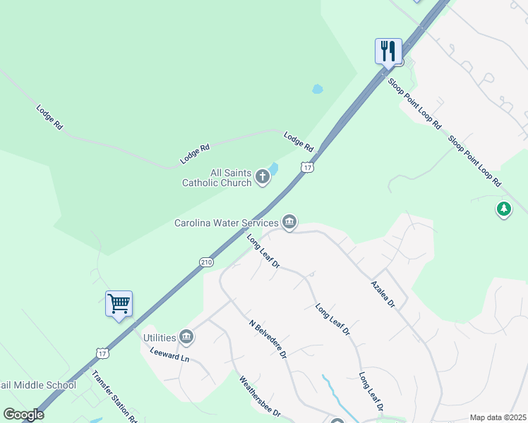 map of restaurants, bars, coffee shops, grocery stores, and more near North Carolina 210 in Hampstead