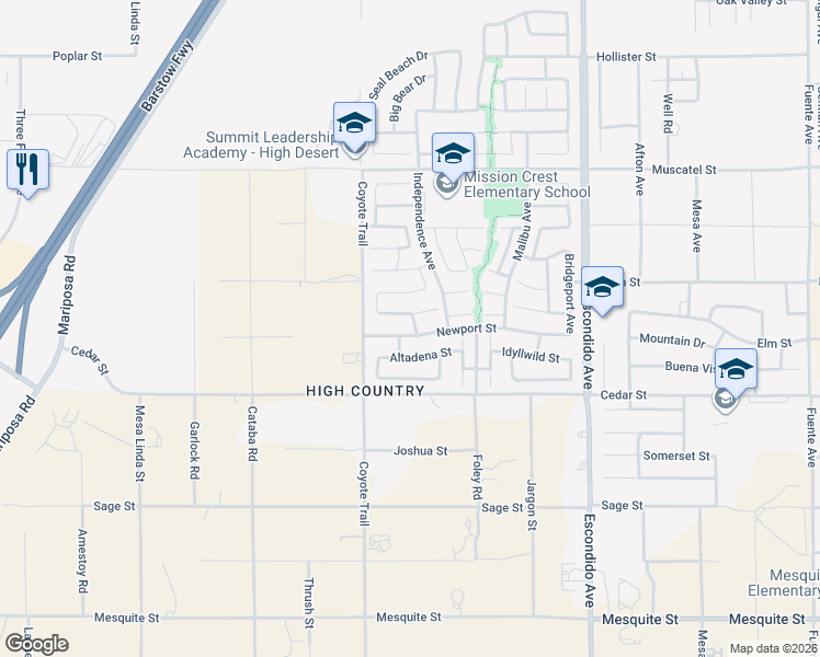 map of restaurants, bars, coffee shops, grocery stores, and more near 12974 Newport Street in Hesperia
