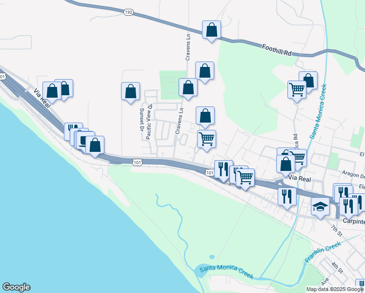 map of restaurants, bars, coffee shops, grocery stores, and more near 1268 Cravens Lane in Carpinteria