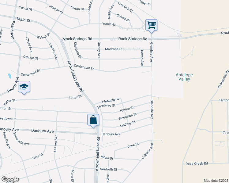 map of restaurants, bars, coffee shops, grocery stores, and more near Pinnacle Street in Hesperia