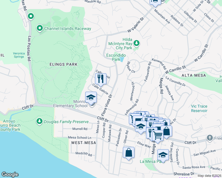 map of restaurants, bars, coffee shops, grocery stores, and more near 735 Flora Vista Drive in Santa Barbara