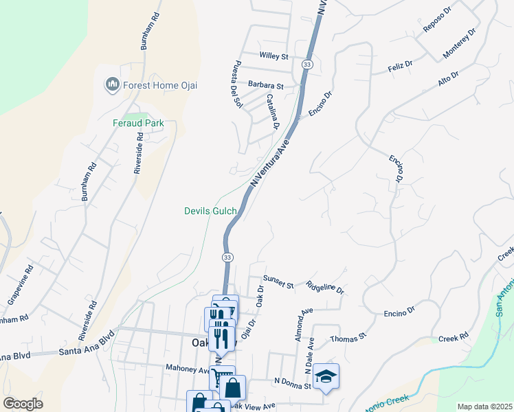 map of restaurants, bars, coffee shops, grocery stores, and more near 10920 North Ventura Avenue in Oak View