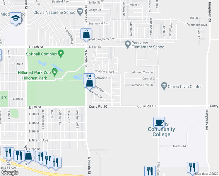 map of restaurants, bars, coffee shops, grocery stores, and more near 1032 Mockingbird Lane in Clovis
