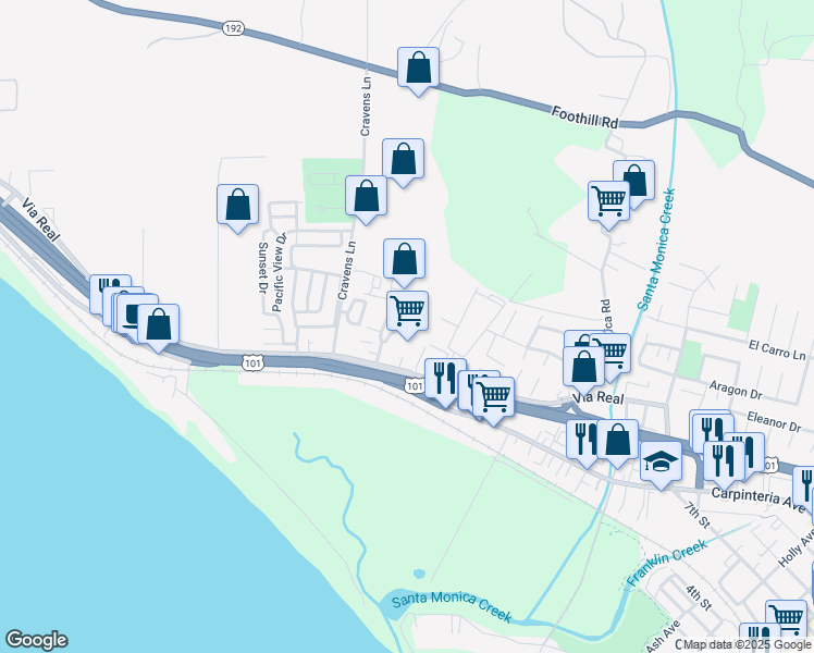 map of restaurants, bars, coffee shops, grocery stores, and more near 1260 Franciscan Court in Carpinteria
