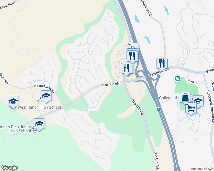 map of restaurants, bars, coffee shops, grocery stores, and more near 25509 Via Ventana in Los Angeles County