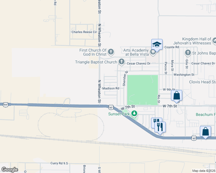 map of restaurants, bars, coffee shops, grocery stores, and more near 3824 Madison Road in Clovis