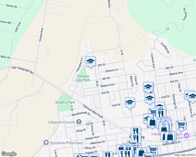 map of restaurants, bars, coffee shops, grocery stores, and more near 865 4th Street in Fillmore