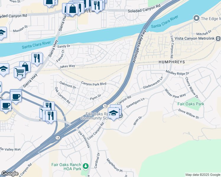 map of restaurants, bars, coffee shops, grocery stores, and more near 18002 Flynn Drive in Santa Clarita