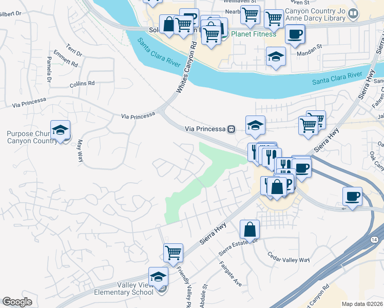 map of restaurants, bars, coffee shops, grocery stores, and more near 19324 Flowers Court in Santa Clarita