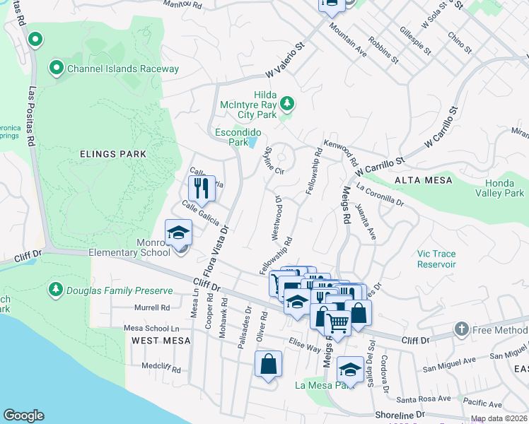 map of restaurants, bars, coffee shops, grocery stores, and more near 749 Westwood Drive in Santa Barbara