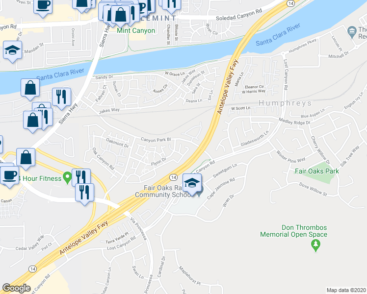map of restaurants, bars, coffee shops, grocery stores, and more near 18002 Flynn Drive in Santa Clarita