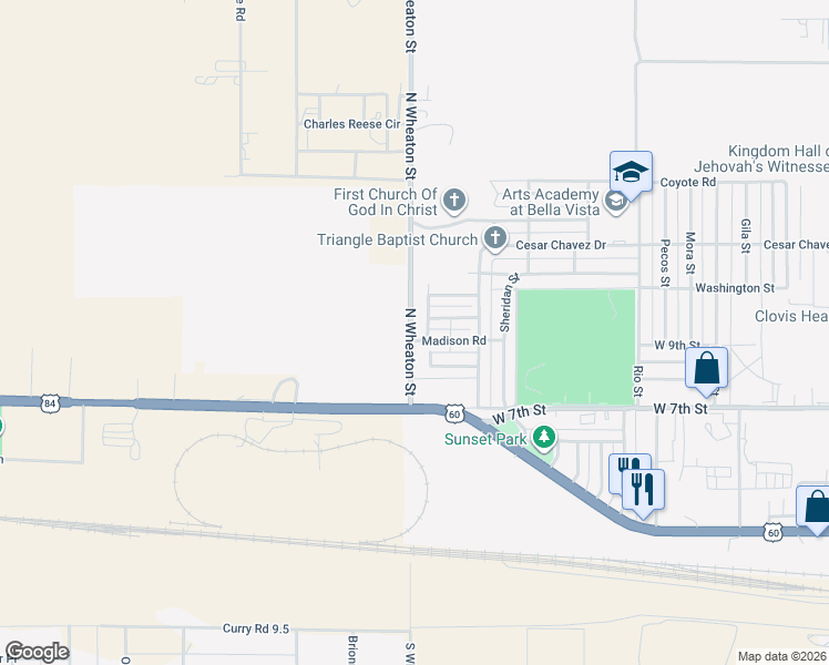 map of restaurants, bars, coffee shops, grocery stores, and more near 933 North Wheaton Street in Clovis