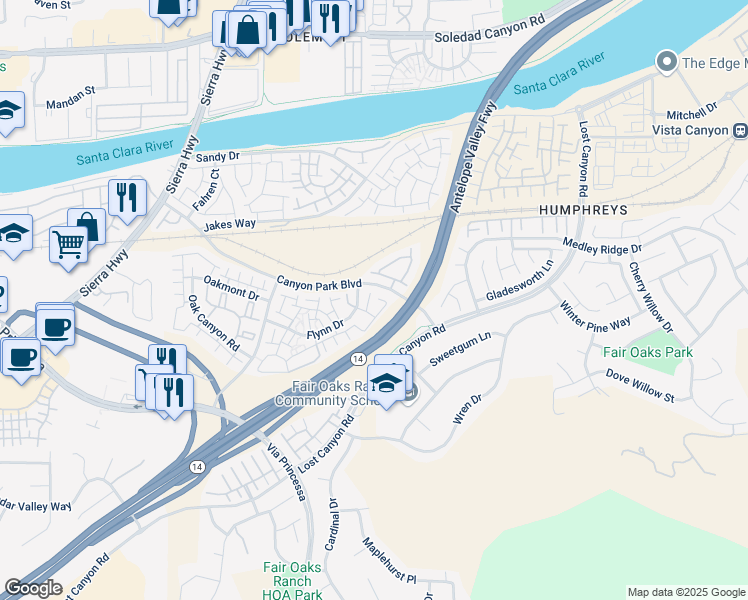 map of restaurants, bars, coffee shops, grocery stores, and more near 18014 Flynn Drive in Santa Clarita